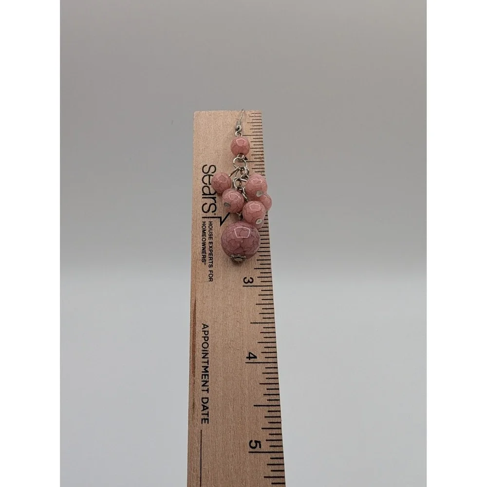 Pink‎ Crackle Glass Bead Cluster Dangle Earrings Silver Tone Fishhook Statement